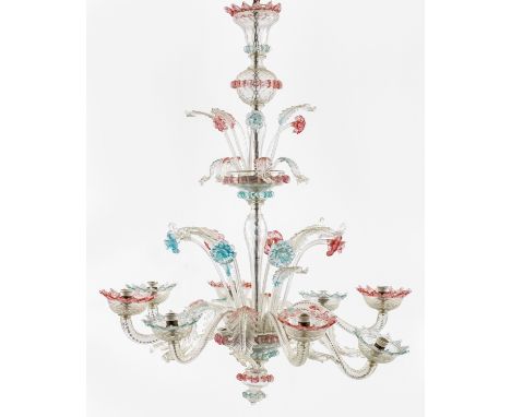 Großer Murano-Deckenleuchter 8-flg.; Farbloses sowie rosé- und türkisfarbenes Glas. Schlanker, mehrfach gegliederter Baluster