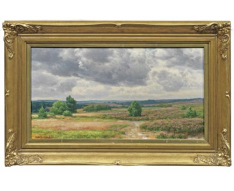 Hermann de Bruycker (1858 Hamburg - 1950 ebenda)"Die einsam(e) Heide". OriginaltitelÖl/Lwd.; R. u. sign.; Verso vom Künstler 