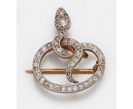 Jugendstil-Schlangenbrosche mit Diamanten Gelbgold, gest. 750. Schauseitig besetzt mit Altschliffdiamanten bzw. Diamantrosen.
