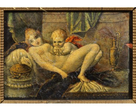 Kleines Emailbild mit Venus und Amor Maleremail auf Kupfer, teilw. mit hinterlegter Metallfolie. Szenische Darstellung mit ru