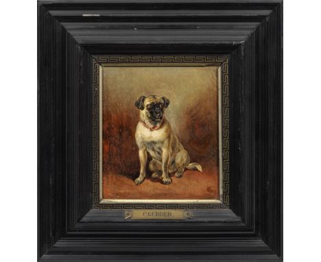 Carl Gerber (Geb. 1839 Berlin. Tätig bis nach 1866)Sitzender MopsLebendige Schilderung des auf Hunde spezialisierten Tiermale