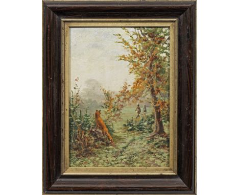 Carl Leopold Voss (1856 Rom - 1921 München)Jäger und achtsamer Fuchs in frühherbstlicher LandschaftÖl/Holztafel. R. u. sign. 
