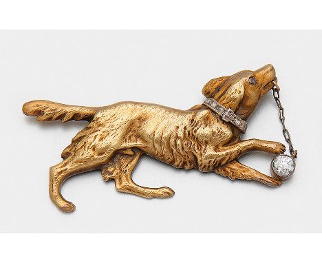 Brosche mit Diamantsolitär USA, um 1930 Gold, teilw. mit Platin verbödet, 18 ct.; Detailreiche Darstellung eines Jagdhundes, 