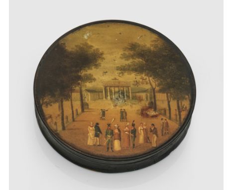 Schnupftabakdose Pappmaché, schwarz lackiert. Rund, mit eingezogener Wandung. Auf dem Deckel detailliert ausgeführte Vedute v