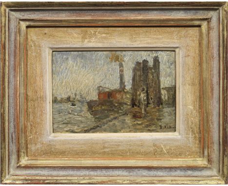 Rudolf Höckner (1864 Gut Hilmersdorf bei Wolkenstein - 1942 Bad Mergentheim a. d. Tauber)Schlepper an einem Kai des Hamburger