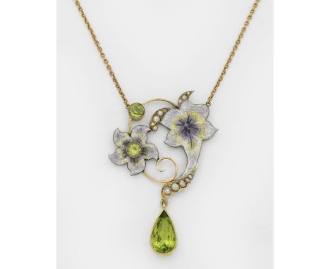 Feines Jugendstil-Collier mit Peridot-Tropfen Gelbgold, gest. 15 ct., teilw. polychrom emailliert. Floraler Anhänger in Ajour