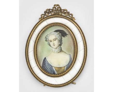 Rokoko-Damenporträt der Markgräfin Wilhelmine von Bayreuth (1709-1758).Ovales Brustbildnis der Markgräfin in blauem Kleid mit