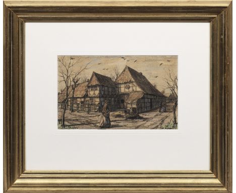 Hans Peter Koken (1886 Hannover - 1957 ebenda)Ansicht von Alt-Hannover mit Blick auf den Hof BaxmannDurch Figurenstaffage bel