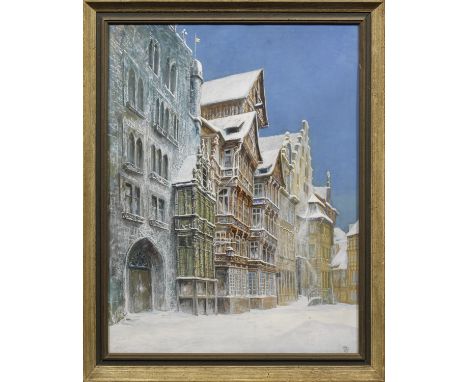 Carl Willig (Geb. 1893 Hildesheim. War ab 1930 ansässig in London)Winterliche Ansicht des verschneiten Marktplatzes von Hilde