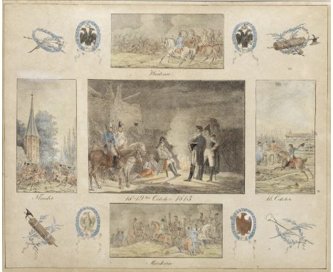 Deutscher Grafiker (Tätig um 1820-1830)Seltenes Blatt mit Napoleon und Szenen aus den Befreiungskriegen 1813Altkolorierte Lit