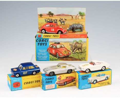 A group of four Corgi Toys diecasts to include; 256 Volkswagen 1200 in East African safari trim, 258 the 'Saints' car Volvo P