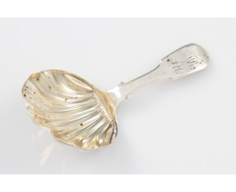 A Victorian silver caddy spoon, bowl being of shell design, with handle terminal engraved with monogram, hallmarked Newcastle