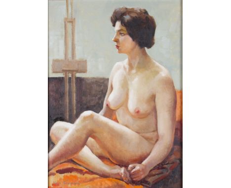 KEN TROMAN (1909 - 1996) Framed, signed, oil on board, titled on artist's label verso, 'Sitting Nude', portrait of a seated f