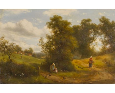 CHARLES VICKERS. A pair of framed, signed, 19th Century, oils on canvas, one showing woman and two children gazing at tree in