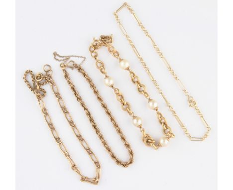 A yellow metal pearl bracelet, of belcher link design interspersed with five pearl links and alternating textured gold links,