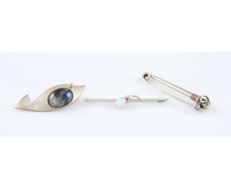 A lot to include a 9ct white gold opal bar brooch, set with a pear cut opal cabochon with leaf motifs, stamped 9ct, weight ap