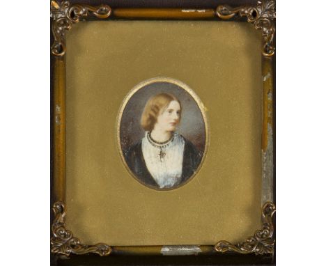 Rectangular framed, oval portrait miniature on ivory, bust length portrait of a Victorian young woman, with blonde hair, in w