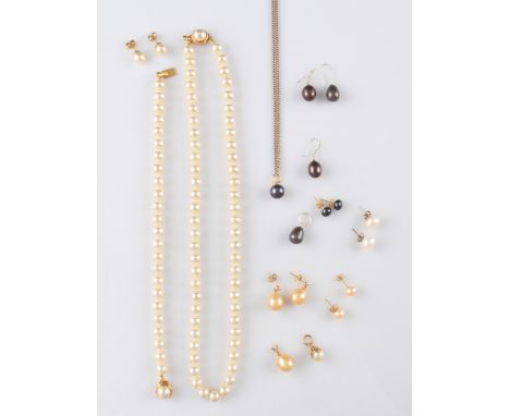 A collection of pearl jewellery, to include three pairs of yellow metal stud pearl earrings, two yellow metal pearl pendant, 
