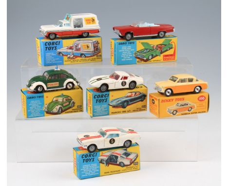 A group of five Corgi Toys diecasts to include; 492 Volkswagen European police car, 325 Ford Mustang Fastback 2+2 competition