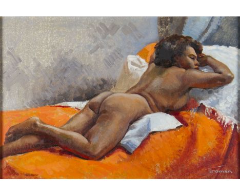KEN TROMAN (1909 - 1996) Framed, signed, oil on board, titled on artist's label verso, 'Reclining Nude', portrait of a female