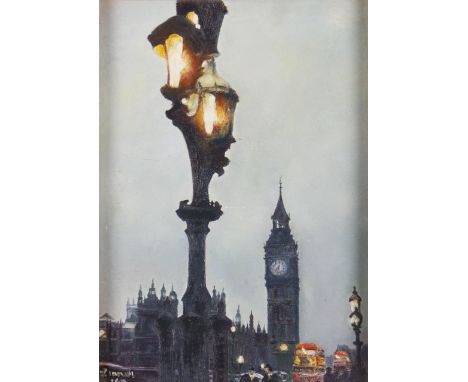 LINNELL. Framed, signed, dated '69, oil on board, London scene showing a glowing lamp post before Big Ben and two red London 