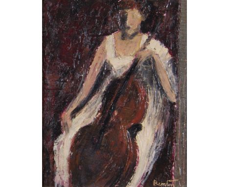 BENTON. Framed, singed, oil on board, Modernist portrait of a seated female cellist with cello, in white dress, 27.1cm x 21.5