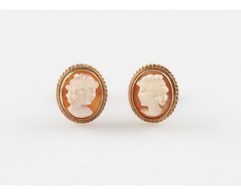 A pair of 9ct yellow gold cameo stud earrings, the rub over set oval cameo depicting a lady's portrait in profile, with rope 