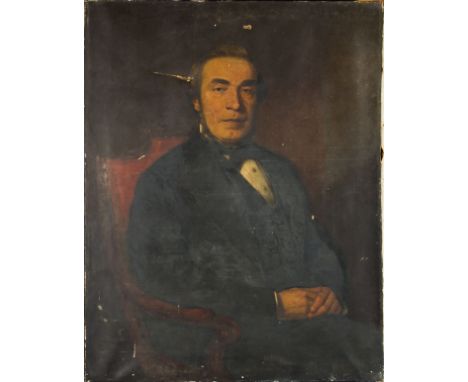 Unframed, unsigned, oil on canvas, half length portrait of a gentleman seated in red chair, with black jacket and neck tie, 9
