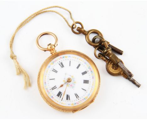 A yellow metal key wind fob watch, the white enamel dial having hourly Roman numeral markers, with minute track border and fl
