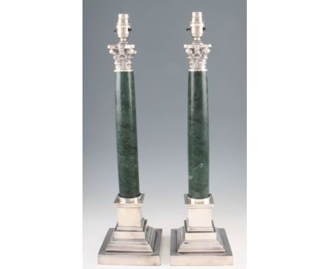 A pair of silver plated Corinthian column lamp bases with green marble bodies, one marked AW EP, height 58cm, including fitti