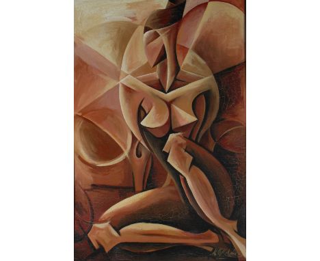 *K. M. MELVILLE. Framed, signed, dated and titled verso, 'Reclining Nude/ Sept 1992', mixed media on board, Cubist nude figur