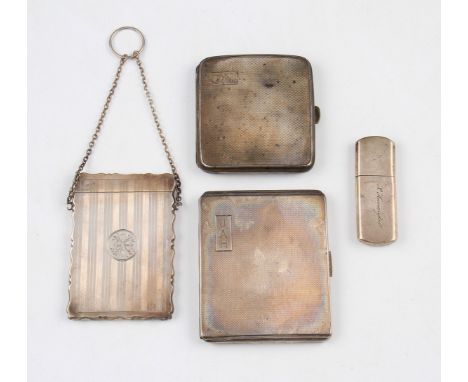 A lot to include an early 20th Century silver card case, of rectangular form with pie crust edge, having machined linear desi