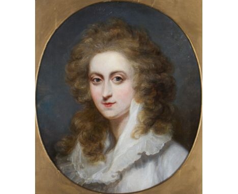 Framed, unsigned, c. 1790, oil on canvas, 18th Century bust length portrait of a lady in white dress with curled hair, in dec