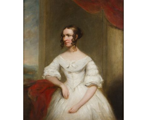 Framed, unsigned, oil on panel, c. 1830's three quarter length portrait of a 'Mrs Brock' in white dress sat before a red curt