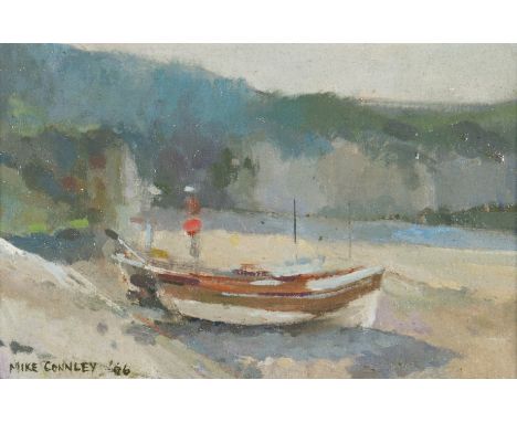 MIKE CONNLEY. Framed, signed, dated 2006, oil on board, showing sailing boat on deserted beach, titled on label verso, 'After