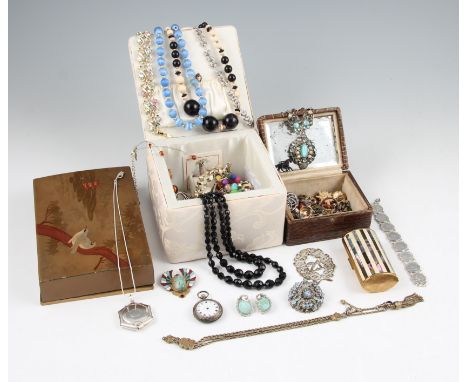 A collection of costume jewellery to include a yellow metal scarab and enamel brooch, (A/F), various beads, brooches, necklet