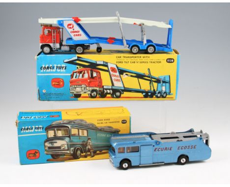 Two boxed Corgi Toys diecasts comprising of 1138 car transporter with Ford tilt cab 'H' series tractor and 1126 Ecurie Ecosse