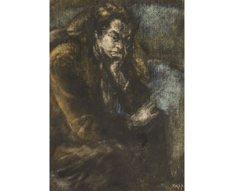 EDMOND KAPP (1890 - 1978) Framed, signed, charcoal and pastel on paper, portrait of a man seated with his head resting on his