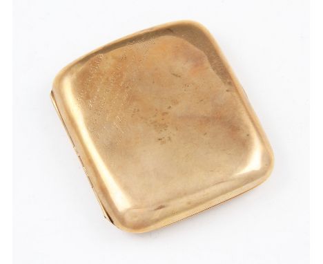 A 9ct yellow gold cigarette case, of plain design front and reverse, engraved front to corner 'Tanglin Club Presented to A. G