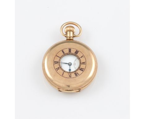 A gold plated Bravingtons half hunter crown wind pocket watch, the white enamel dial having hourly Arabic numeral markers wit
