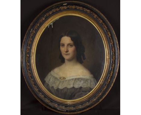 Oval framed, unsigned, c. 1840's English School, oil on canvas, bust length portrait of a young lady, wearing grey off the sh