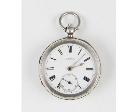 A silver V. Lloyd key wind pocket watch, the white enamel dial having hourly Roman numeral markers with minute track border a