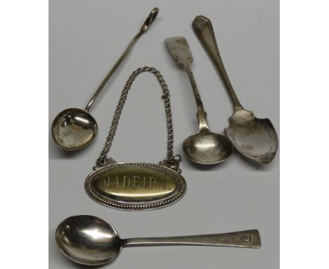 1 SILVER SPOON, 3 TEASPOONS & WHITE METAL DECANTER LABEL 