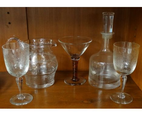 SIGNED LARGE COCKTAIL GLASS, DECANTER, CORDIAL JUG & 2 WINE GLASSES 