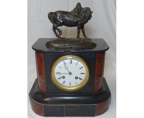 VICTORIAN MARBLE MANTEL CLOCK SURMOUNTED BY HORSE 