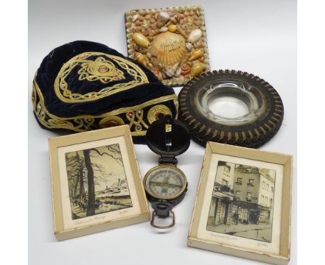GOOYEAR TYRE ADVERT ASHTRAY, FRENCH SEASHELL SOUVENIR, ENGINEER DIRECTIONAL COMPASS, SMOKERS CAP ETC 