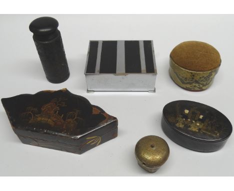 2 PAINTED LACQUER BOXES, DECO CIGARETTE BOX, IRISH BOG OAK CANNISTER (NO LID), PIN CUSHION BOX &amp; SMALL PILL BOX