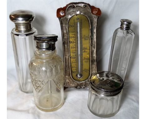 4 SILVER LIDDED DRESSING TABLE JARS & SILVER CLAD THERMOMETER 