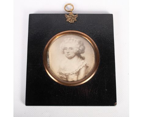 A 19th Century miniature portrait engraving of a lady, in ebonised frame, and an oil on board, portrait of a 17th Century gen