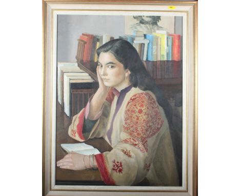 An oil painting, portrait of a girl seated reading, and a quantity of other framed pictures and prints
